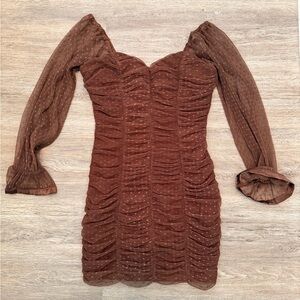 Haute Monde Brown Ruched Long-Sleeve Mini Dress